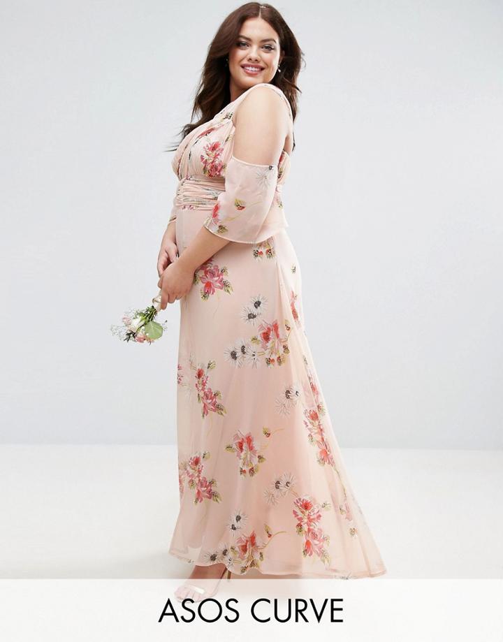 Asos Curve Wedding One Shoulder Maxi Dress In Summer Rose Bouquet Print - Multi
