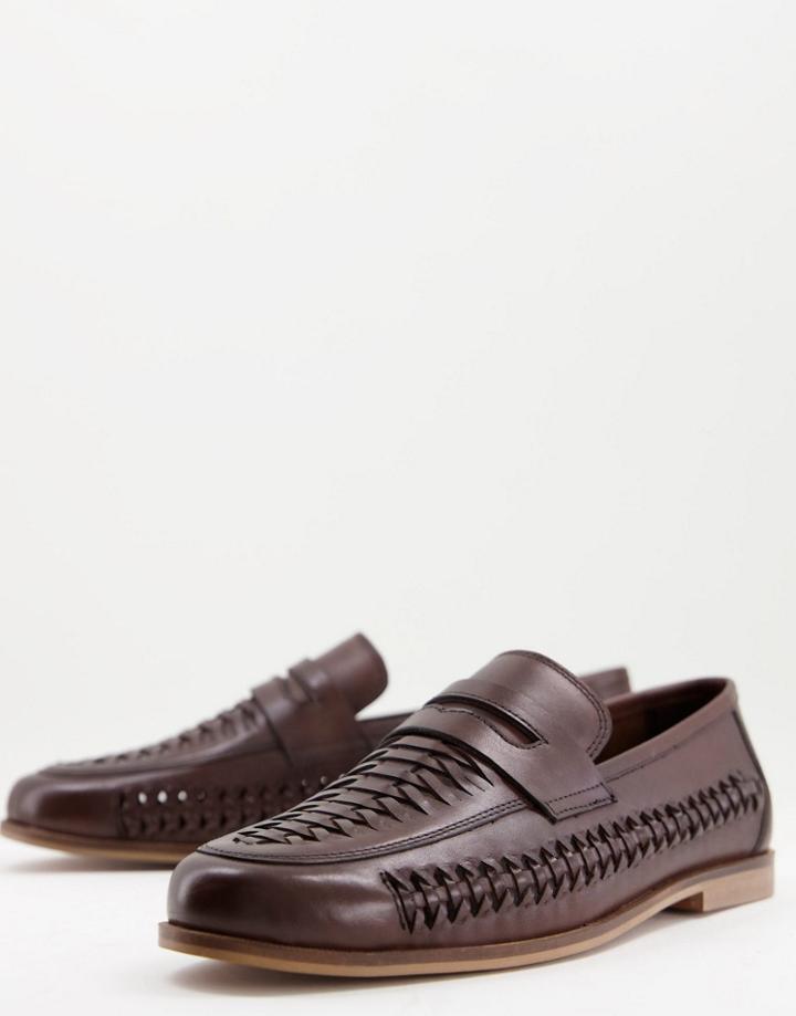 Walk London Arrow Penny Woven Loafers In Brown Leather