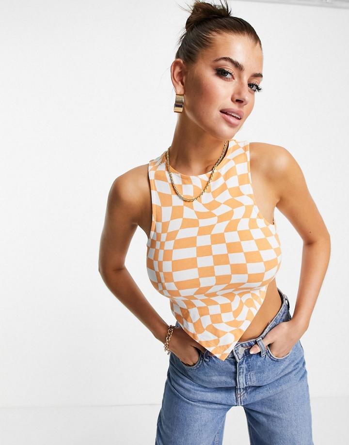 Asos Design Racer Tank With Scarf Hem In Warped Check-orange