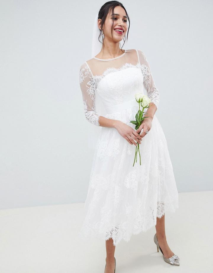 Asos Edition Lace Long Sleeve Midi Prom Wedding Dress - White