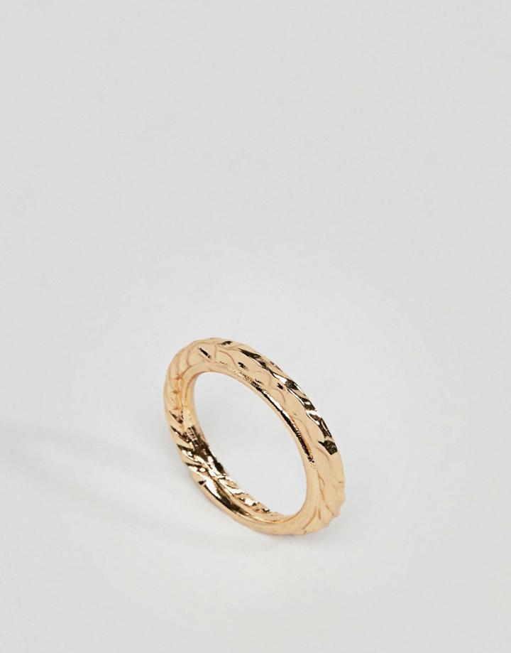 Asos Design Ring With Double Band And Hammered Detail In Gold - Gold