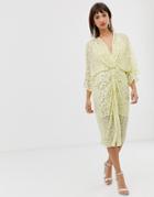 Asos Design Scatter Sequin Knot Front Kimono Midi Dress-yellow