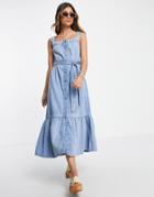 Nobody's Child Organic Cotton Dew Denim Belted Smock Dress In Mid Wash Blue