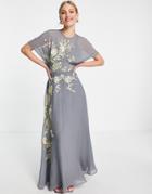 Asos Design Floral Embroidered Maxi Dress In Gray