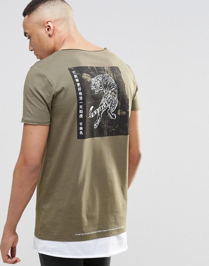 Asos Super Longline T-shirt With Tiger Back Print And Scoop Neck And Curved Hem - Camo Khaki