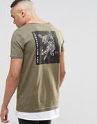 Asos Super Longline T-shirt With Tiger Back Print And Scoop Neck And Curved Hem - Camo Khaki