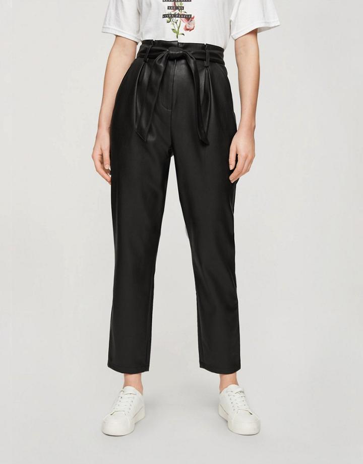 Miss Selfridge Faux Leather Paperbag Pants In Black