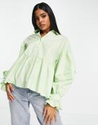 Asos Design Smock Shirt With Volume Sleeve In Washed Green