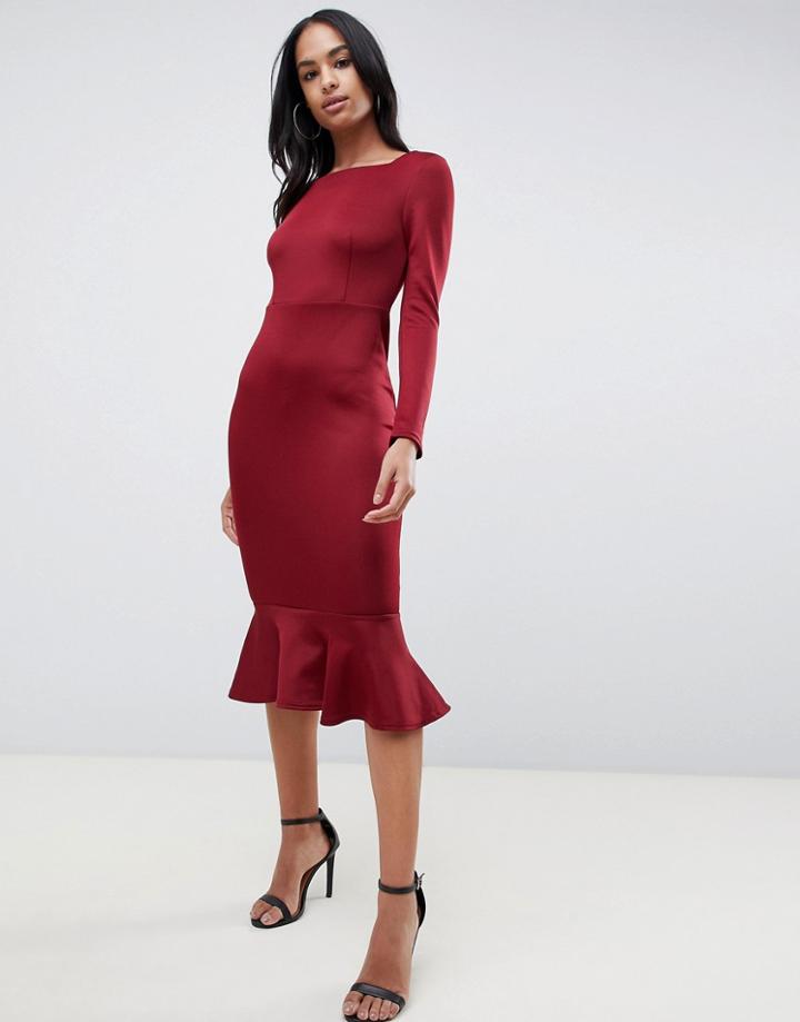 Club L Peplum Frill Midi Dress With Boat Neckline-red