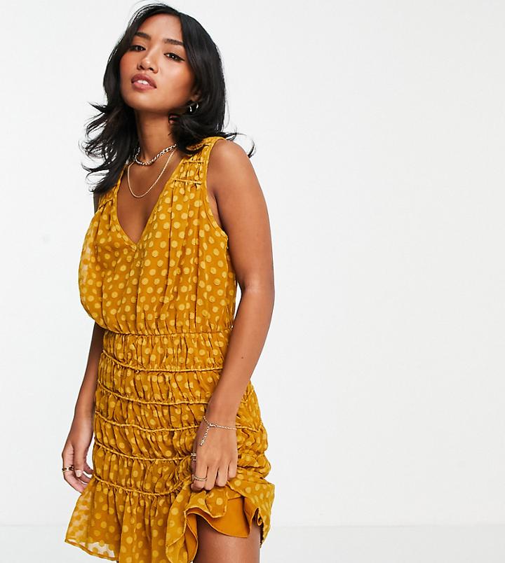 Asos Design Petite Soft Sleeveless Mini Dress With Textured Ruched Skirt In Mustard-yellow