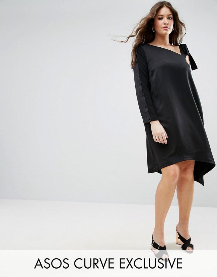 Asos Curve One Shoulder Tie Detail Asymmetric Hem Dress - Black