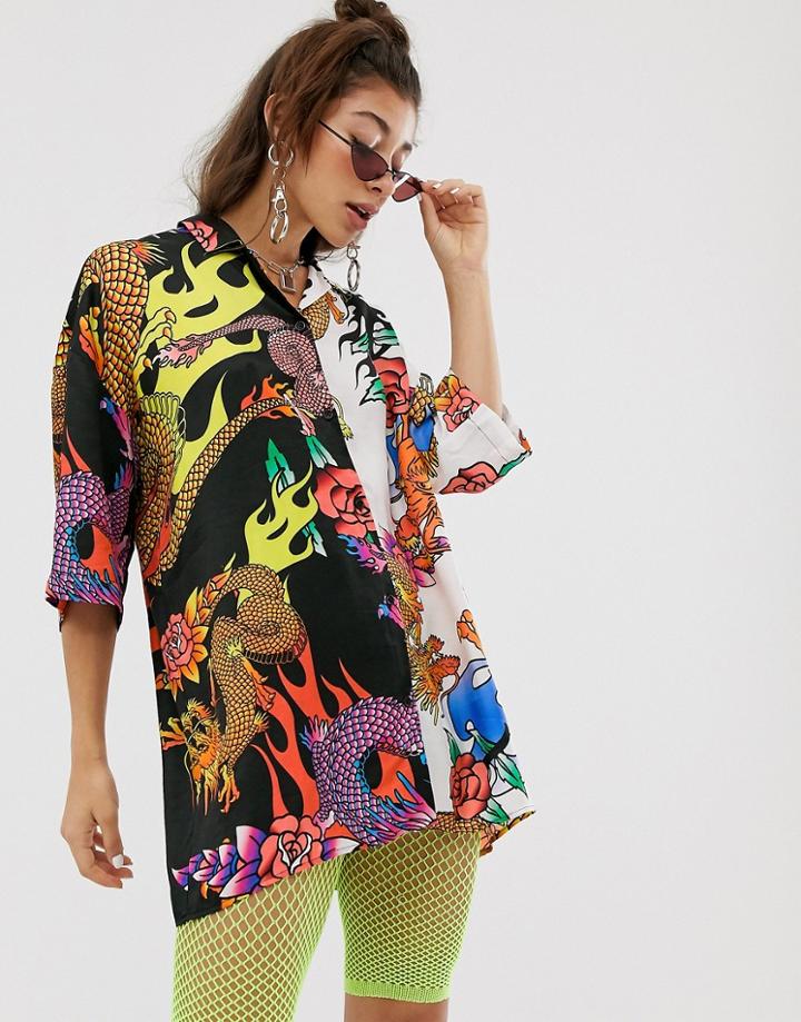 Jaded London Mix Print Shirt In Dragon Graphic - Multi