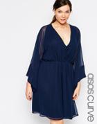 Asos Curve 70's Skater Dress With Deep Plunge And Kimono Sleeve - Navy