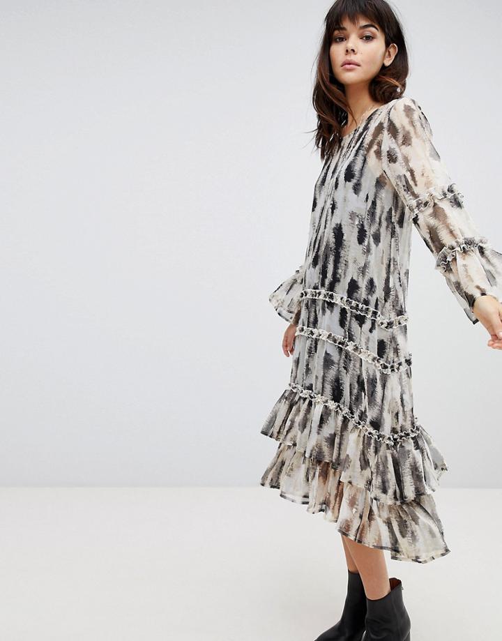 Religion Smock Dress With Frills - Gray