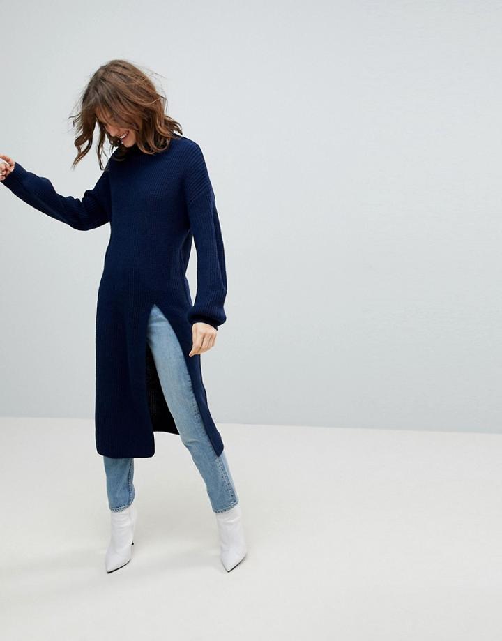 Asos Chunky Knitted Layering Dress With Front Split And High Neck - Navy