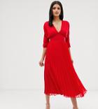 Asos Design Tall Pleated Midi Dress With Batwing Sleeves - Red