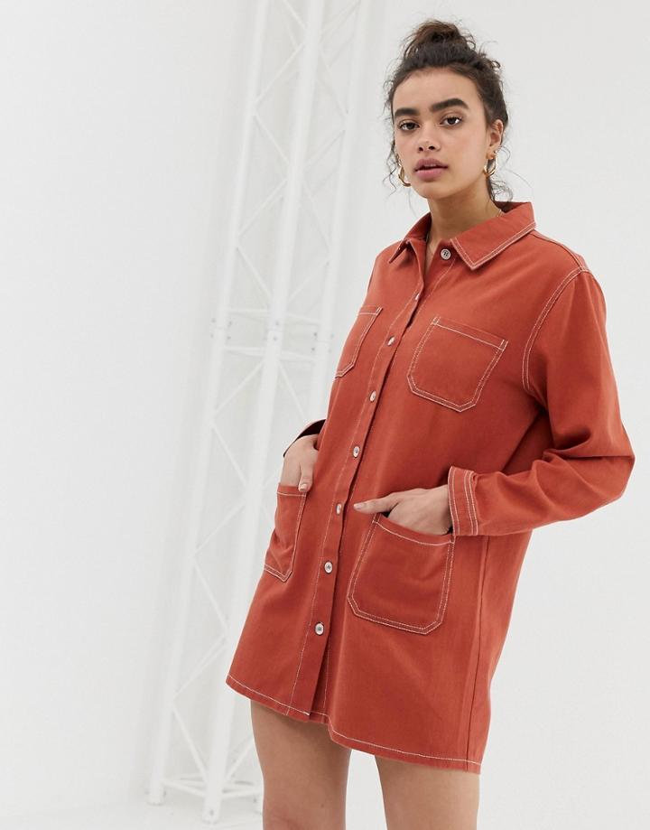 Emory Park Denim Shirt Dress With Contrast Stitching-red