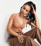 Asos Design Petite Fitted Top With Ruched Front And Tie Detail In Mocha-brown