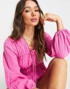Asos Design Natural Crinkle Long Sleeve Button Front Top With Tie Front Detail In Pink