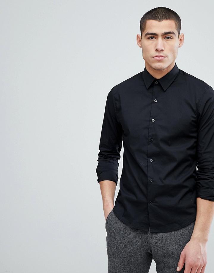 Stradivarius Poplin Slim Fit Shirt With Stretch In Black - Black
