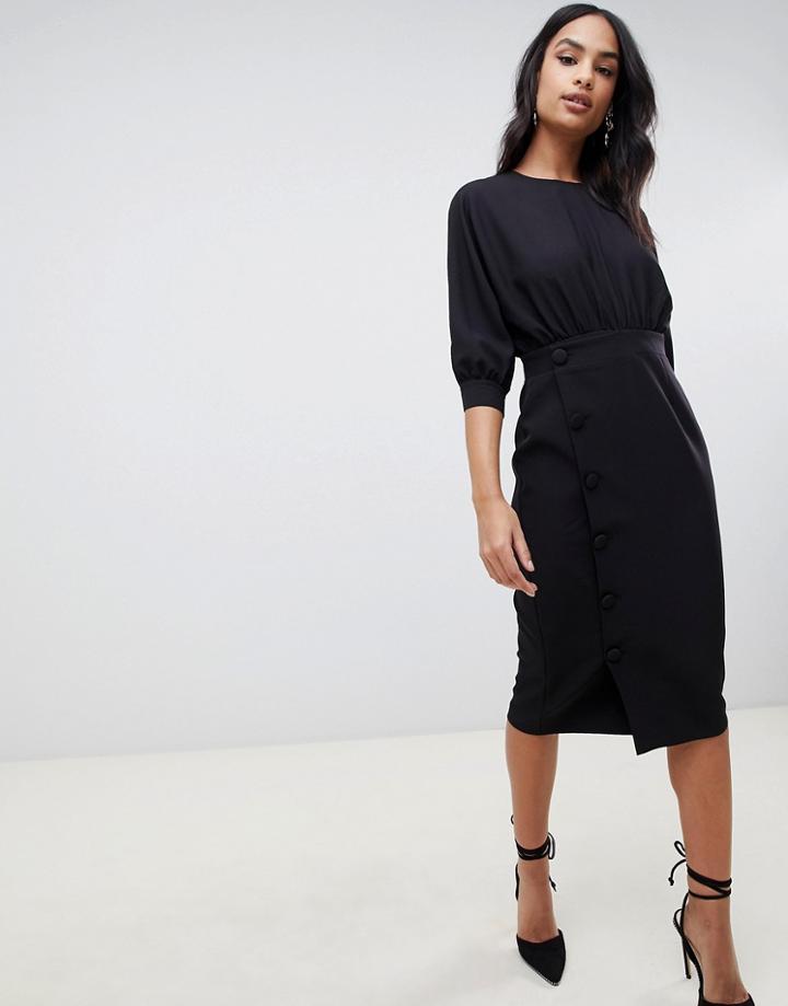 Asos Design Midi Pencil Dress With Button Skirt - Black