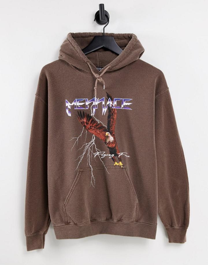 Mennace Pullover Hoodie In Chocolate Brown With Eagle Print