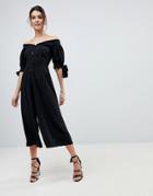 Asos Tea Jumpsuit With Off Shoulder Detail And Tie Sleeve - Black
