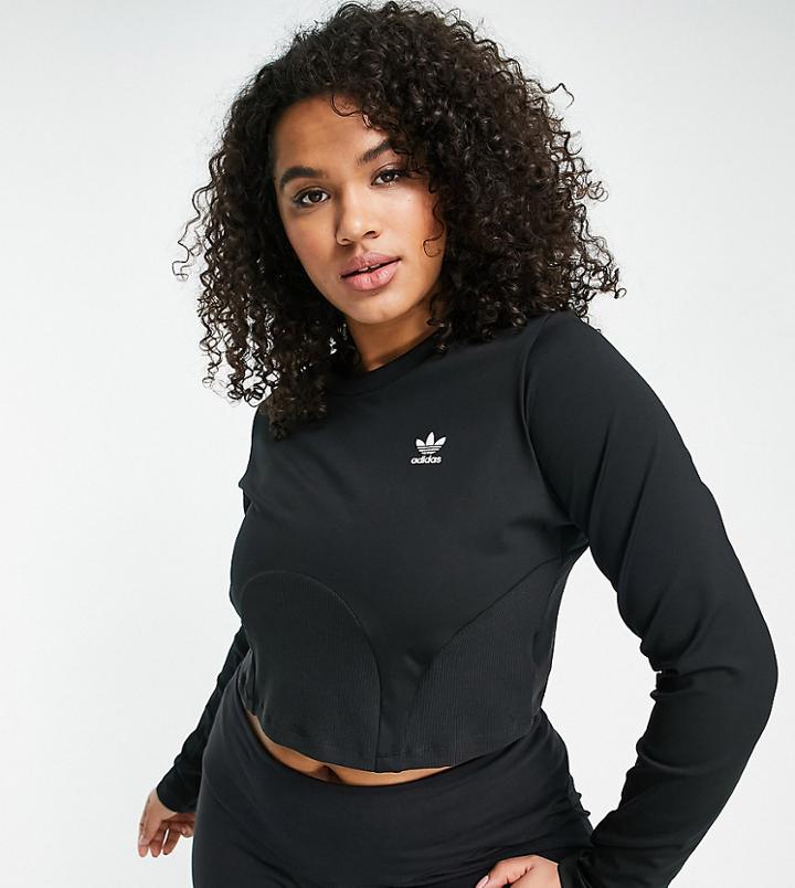 Adidas Originals Plus Long Sleeve Ribbed Crop Top In Black