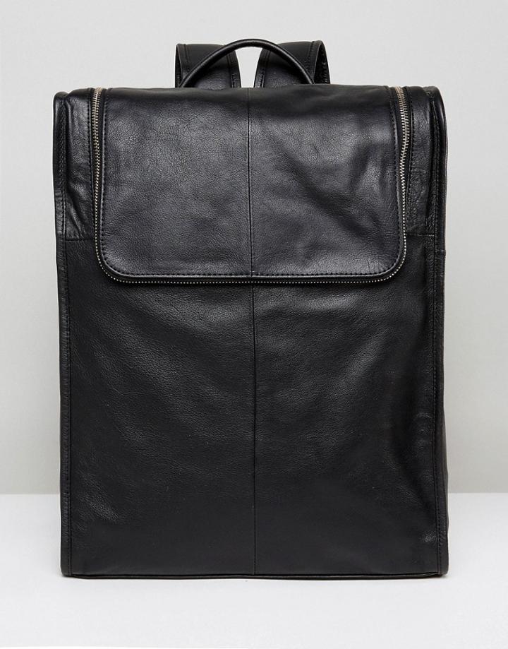 Asos Leather Backpack In Black With Zip Top - Black