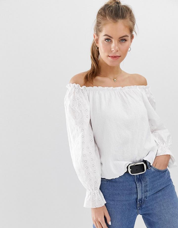 Pull & Bear Broderie Long Sleeved Top In White - White