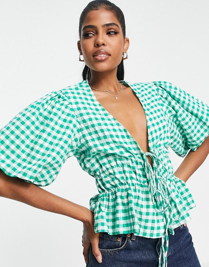 Influence Tie Front Puff Sleeve Top In Green Gingham