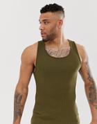 Asos Design Rib Tank In Khaki - Green