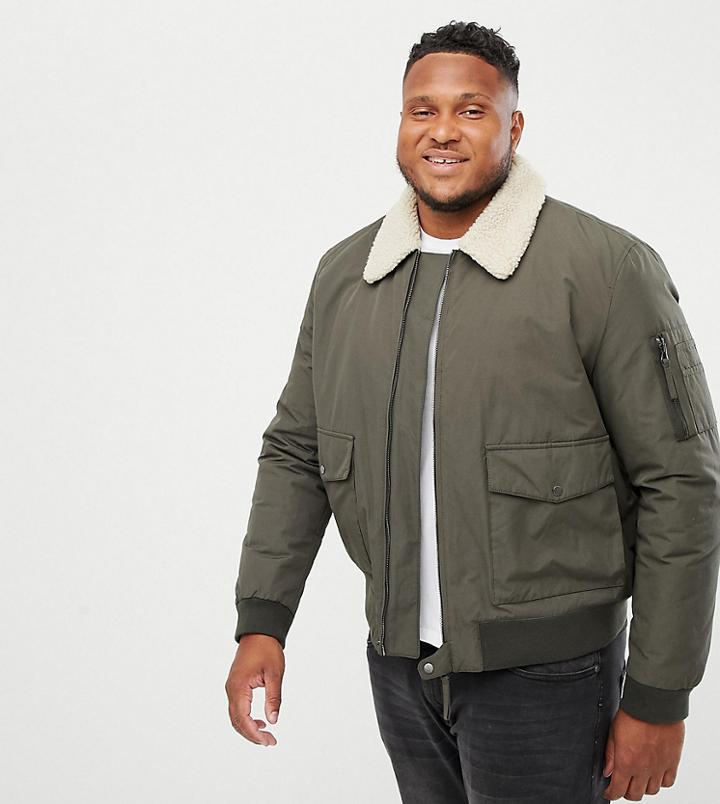 New Look Plus Jacket With Fleece Collar In Khaki - Green