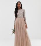 Maya Tall Bridesmaid Long Sleeve Maxi Tulle Dress With Tonal Delicate Sequins In Taupe Blush - Brown