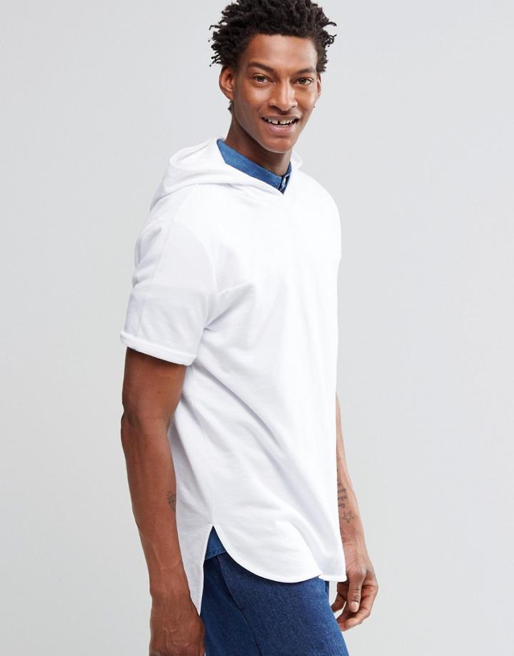 Asos Longline Short Sleeve Hoodie With Reverse Loopback Hood - White