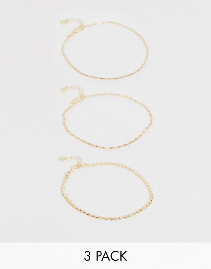 Asos Design Pack Of 3 Anklets With Dot Dash And Disc In Gold Tone - Gold