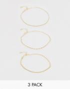 Asos Design Pack Of 3 Anklets With Dot Dash And Disc In Gold Tone - Gold