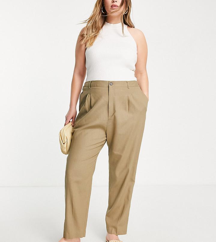 Asos Design Curve High Waisted Tapered Pants In Olive Linen-green
