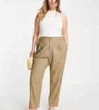 Asos Design Curve High Waisted Tapered Pants In Olive Linen-green