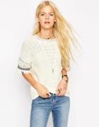 Asos Knitted Tee In Stitch With Fringing - Cream