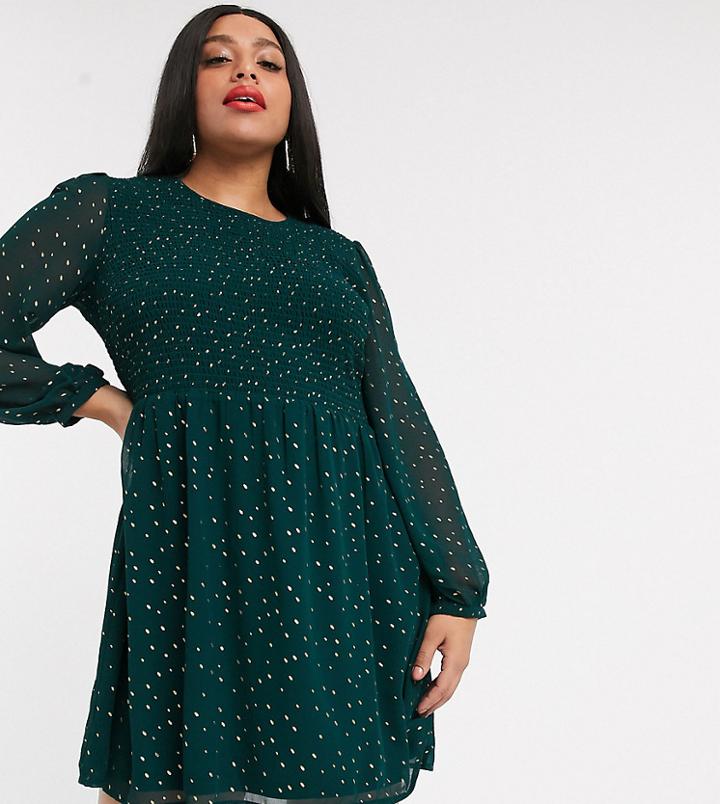 Simply Be Chiffon Skater Dress With Gold Polka Dot In Dark Green