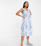 Vero Moda Petite Midi Dress With Shirred Straps In Blue Floral