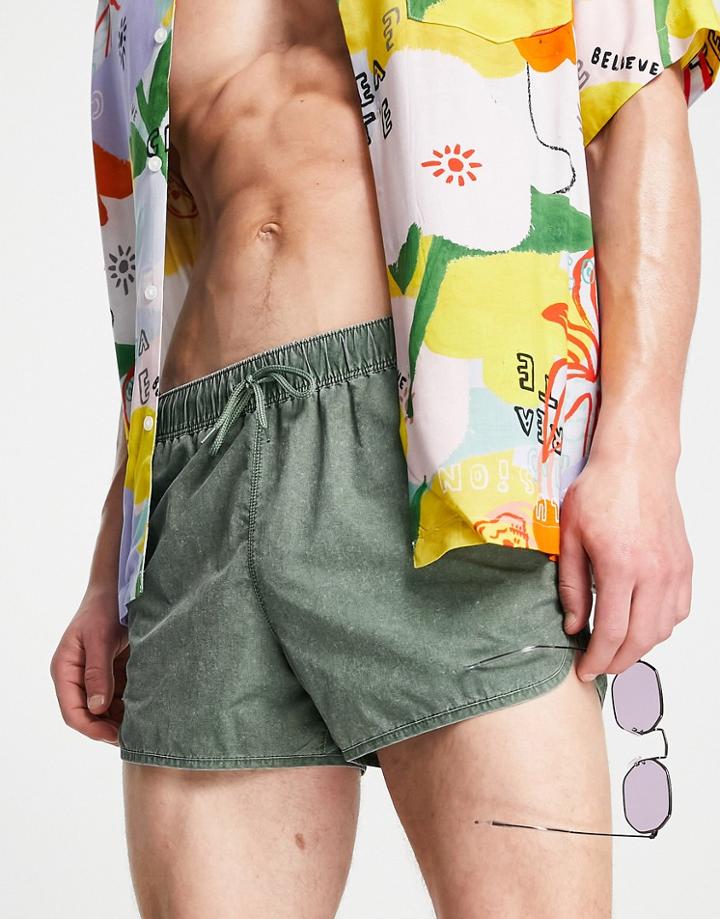 Asos Design Runner Swim Shorts With Contrast Binding In Green Acid Wash