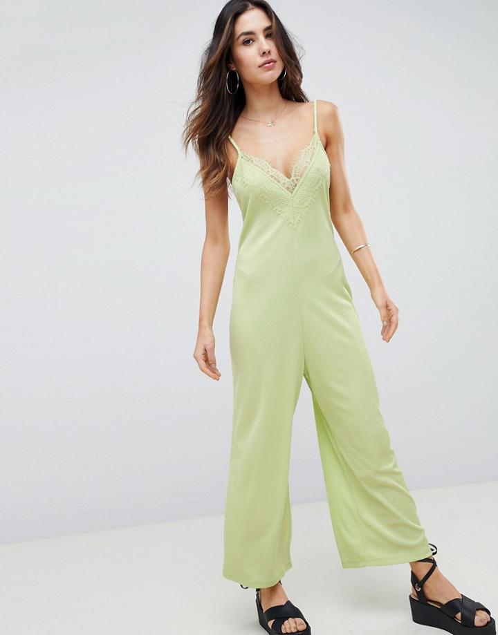 Asos Design Rib Cami Jumpsuit With Lace Trim - Black