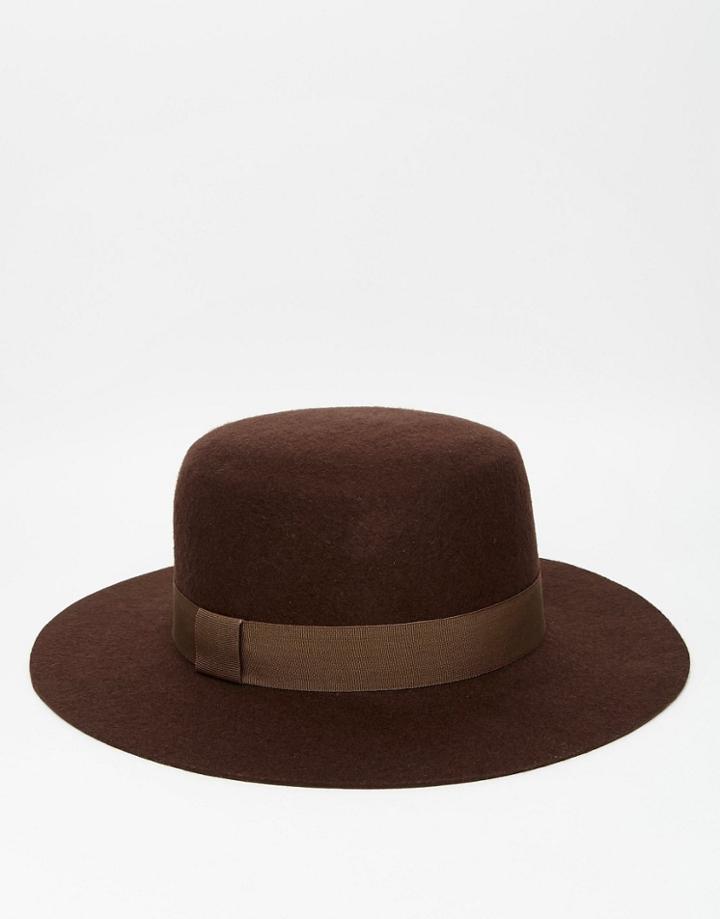 Asos Flat Top Hat In Brown Felt With Wide Brim - Brown