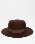 Asos Flat Top Hat In Brown Felt With Wide Brim - Brown
