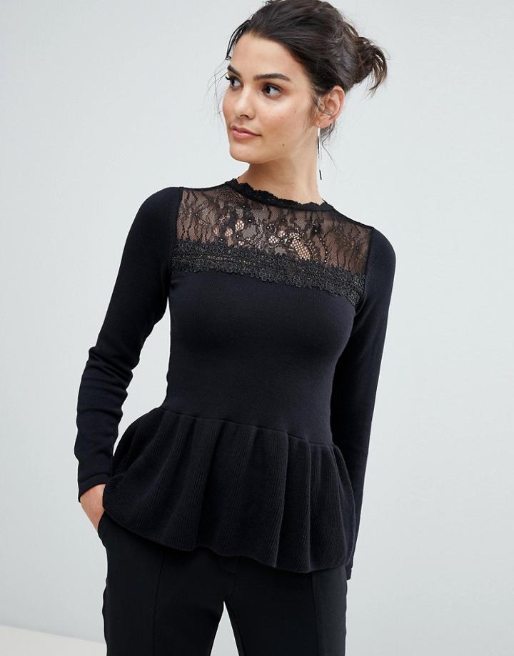 Lipsy Peplum Sweater With Lace Upper - Black