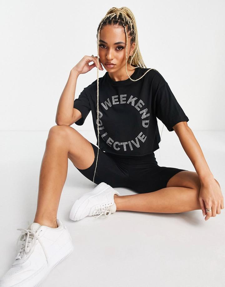 Asos Weekend Collective Cropped T-shirt With Hotfix Logo In Black