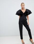 True Violet Plunge Front Jumpsuit With Shoulder Frill Detail In Black - Black