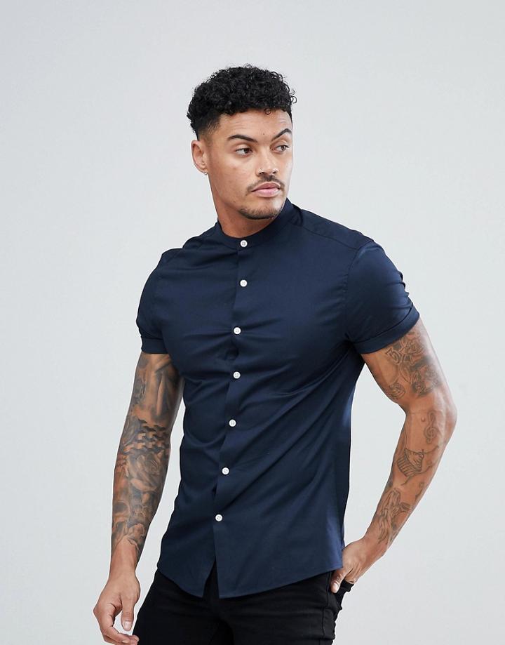 Asos Design Skinny Shirt With Grandad Collar In Navy - Navy